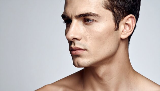 A close-up portrait of a fair-skinned man, angled, revealing his profile against a neutral gray background. His gaze is directed to the side
