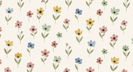 Fototapeta premium Charming seamless ditsy floral pattern background with retro daisy blooms