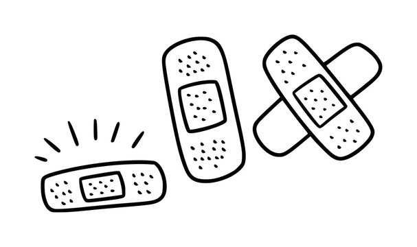 Hand-drawn black and white band-aid white background, bandaid bandage medical first