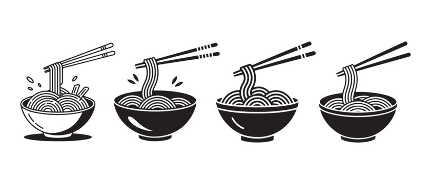 Set of four black and white ramen noodle bowls with chopsticks icons.