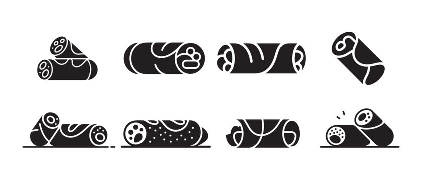 Collection of rolled food silhouettes, including burritos, wraps, and cannolis, vector illustration.
