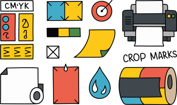 Hand-drawn doodle set of printing industry including a printer, cmyk color swatches, crop marks, paper sheets, ink droplets, and a large paper roll with colorful segments