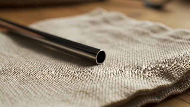 Shiny metallic straw resting on textured linen fabric