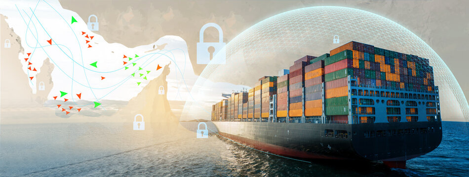 maritime insurance and cargo security for container ships navigating through the Strait of Hormuz. Featuring digital shield overlays, security locks, and vessel tracking global protection