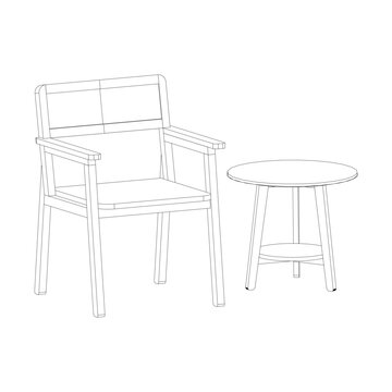 Perspective outline of a lounge set with sofa seating and a round coffee table in clean minimal line art, showing depth and modern arrangement.