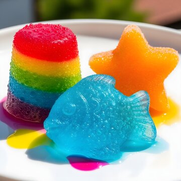Colorful gummy candy assortment, rainbow striped jelly dessert and blue fish gelatin on white plate, vibrant fruit flavored gummy snacks