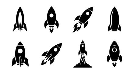 Rocket ship icon set, black space shuttle vectors, 8 launch symbols © Ripa
