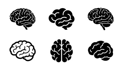 Human brain icon set, 6 black vector brain symbols, neurology medical icons © Ripa