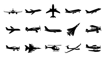 Airplane silhouette set, 15 aircraft vector icons, aviation flight symbols © Ripa