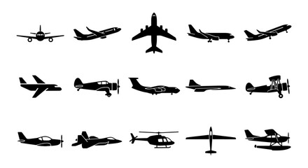 Airplane silhouette icons, 15 aircraft vector set, aviation symbols © Ripa