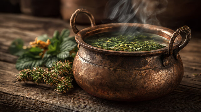Copper pot with herbal decoction simmering on stove for homemade diy pharmacy remedy