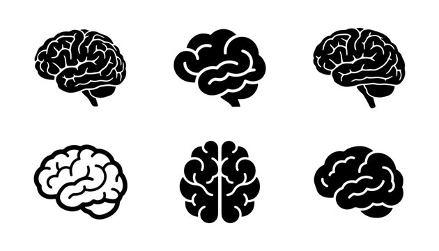 Human brain icon set, 6 black vector brain symbols, neurology medical icons