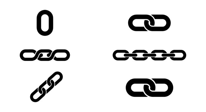 Black chain link icons, metal link set, industrial connection vector