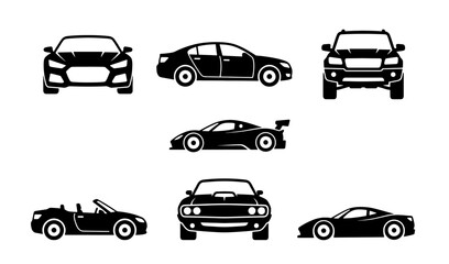 Fototapeta premium Modern car icons set, black vehicle silhouettes, 7 automotive vector signs