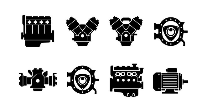 Automotive engine icon set, car motor silhouettes, 8 vector engine types