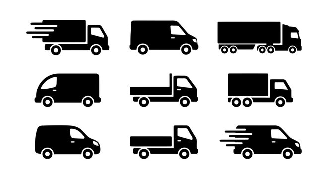 Delivery truck icon set, 9 shipping van vector silhouettes, logistics symbols