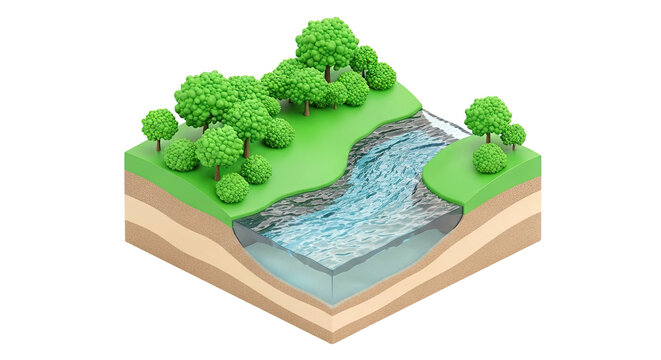 Cross-section of a river flowing through a landscape with trees and soil layers