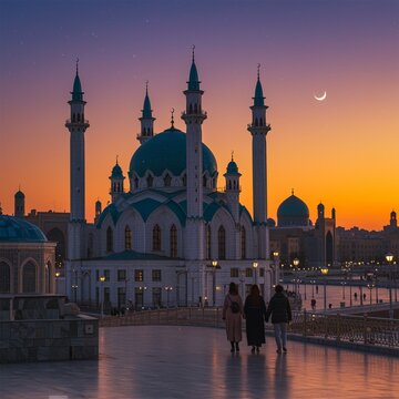 Beautiful mosque with blue domes and minarets at sunset with crescent moon in sky vector design