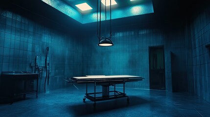 Empty medical examination room with a stainless steel autopsy table and overhead lighting, creating a chilling atmosphere for crime scene investigation and forensic science