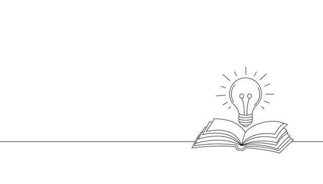 Minimal line art open book with light bulb idea concept, continuous one line drawing, education, creativity and knowledge symbol, clean simple vector illustration
