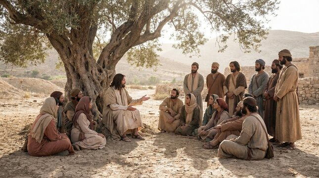 Jesus Christ teaching his disciples under an ancient olive tree in a historical Middle Eastern landscape, cinematic biblical illustration of faith and wisdom.