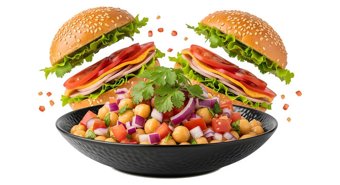 Chana chaat spicy chickpea snack with fresh vegetables and herbs, two turkey sandwiches.