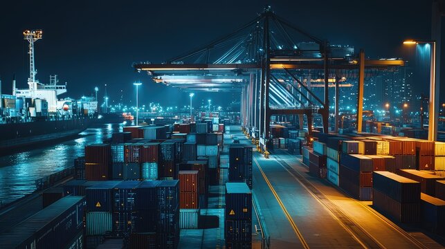 Container terminal bustling with activity at night, with towering cranes loading cargo onto ships and stacks of shipping containers illuminating the harbor for international trade and industry