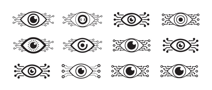 Digital Eye Network Icons. with Circuitry Pattern for Cyber Security and Data Protection, Flat Design Vector Illustration.