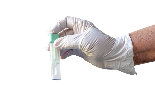 A hand with gloves holds a test tube for testing
