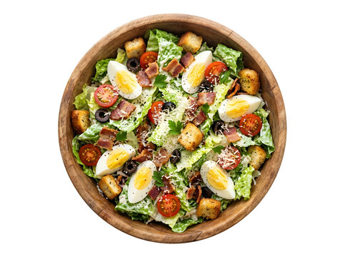 Traditional caesar salad with boiled eggs bacon croutons and parmesan cheese in wooden bowl.