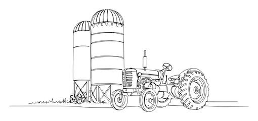 vintage farm tractor parked by grain silos line art illustration © Wieslaw