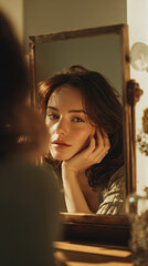 Fototapeta premium Woman looks into mirror while touching her neck in a sunlit room in the afternoon