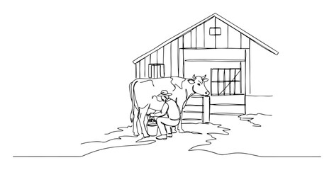 dairy cow standing near farmhouse stable line art drawing © Wieslaw