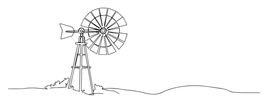 old farm water pump windmill continuous one line drawing