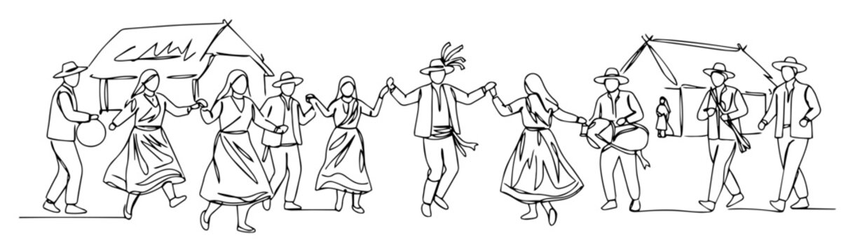 traditional folk dancers holding hands village festival line art vector