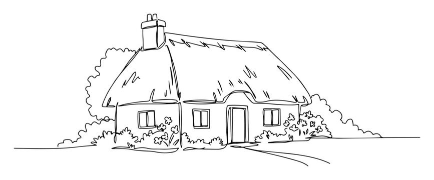 traditional thatched country house sketch