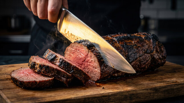 Large roasted beef being sliced into juicy pieces with visible steam and crispy crust on rustic wooden board.ai generative technology