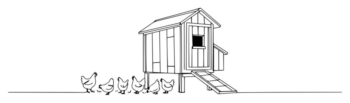 chicken coop with hens and chicks vector illustration