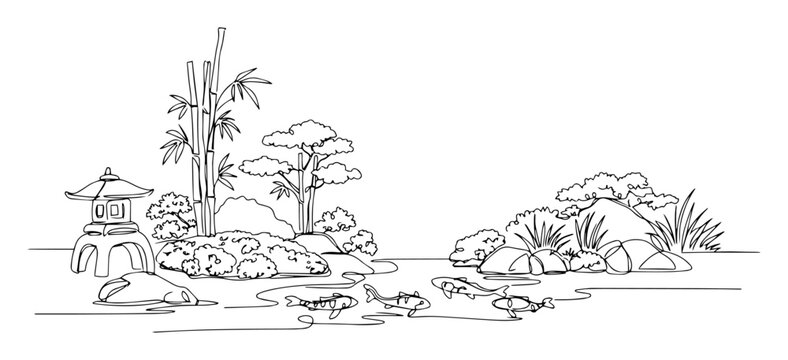 japanese garden pond landscape line art