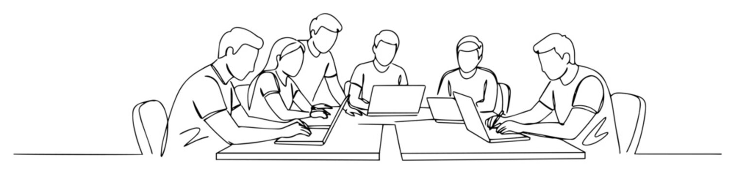 business team meeting working on laptops continuous one line drawing