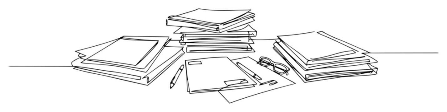 messy office desk with piles of paper continuous one line drawing