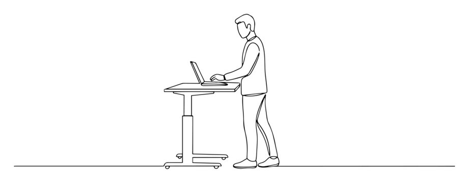 man working at standing desk with laptop one continuous line drawing