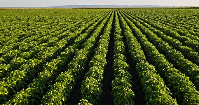 Green agricultural field with rows of crops extending to the horizon