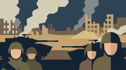 Obraz premium Urban Warfare Scene with Soldiers, Tanks, and Destroyed Buildings