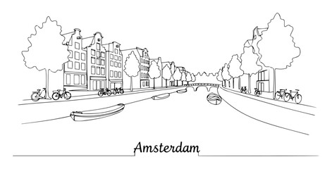 amsterdam cityscape with canal continuous one line drawing © Wieslaw