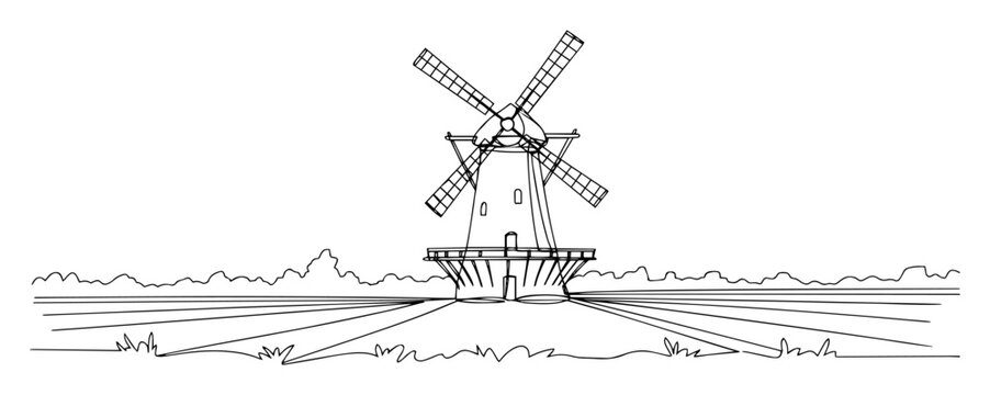 traditional windmill in dutch countryside black and white