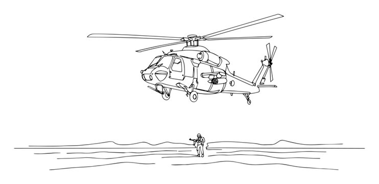 military helicopter and soldier on a mission continuous one line drawing
