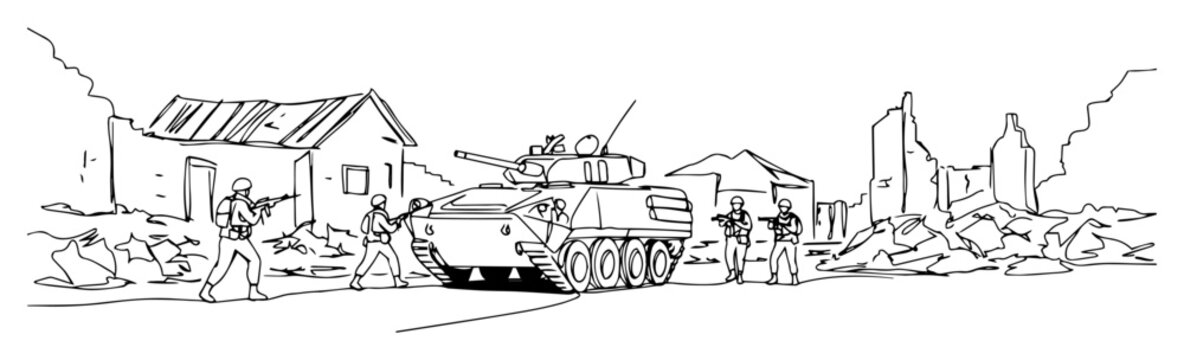 soldiers and armored personnel carrier amid ruined city line art illustration