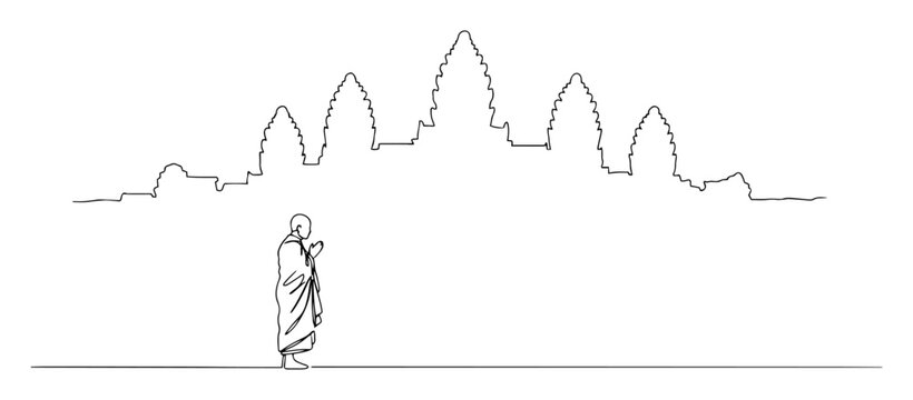 buddhist monk at angkor wat temple continuous one line drawing