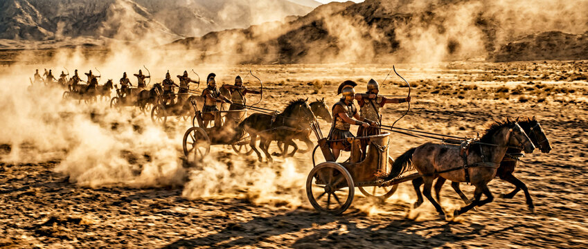 Cinematic wide shot of a formidable army of ancient war chariots charging across a rocky desert landscape, kicking up massive dust clouds at golden hour.